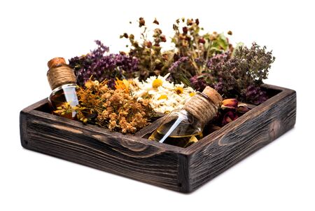 healing herbs and oil for herbal tea and spa treatmentsの写真素材