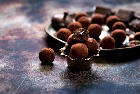 Chocolate candies, Cocoa beans and chocolateの写真素材