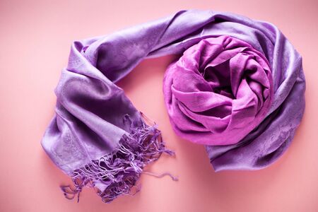 Silk and woolen scarves pastel colors, top viewの写真素材