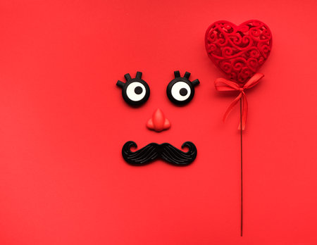 Funny face men with red heart. Happy Valentines day. Love greeting cardの写真素材