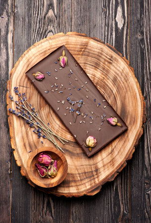 Chocolate with roses and lavender. Handmade chocolateの写真素材
