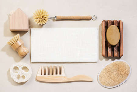 Eco friendly cleaning products. Zero waste, lifestyle bathroom and cleaning accessorie. Top view,...