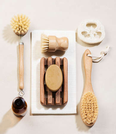 Set eco friendly cleaning products. Zero waste, lifestyle bathroom and cleaning accessoriesの写真素材