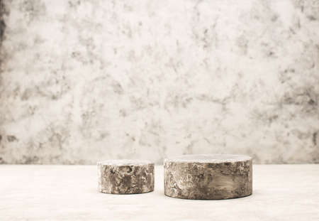 Abstract gray background with geometric podiums or pedestals for product presentation or exhibitions. Empty round podiums.の写真素材