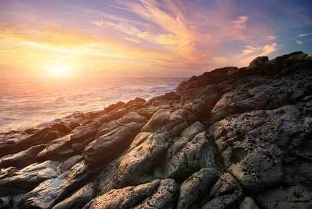 Beautiful seascape. Sea and rock at the sunset. Nature composition.の写真素材