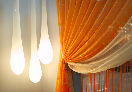 Room window with curtains interior hotel with abstract lamp.の写真素材