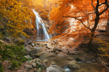 Autumn waterfall and rill flow. Nature composition.の写真素材