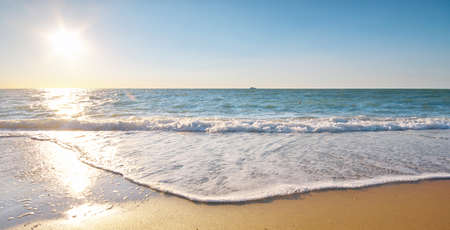 Sandy seashore at sunset. Nature composition.