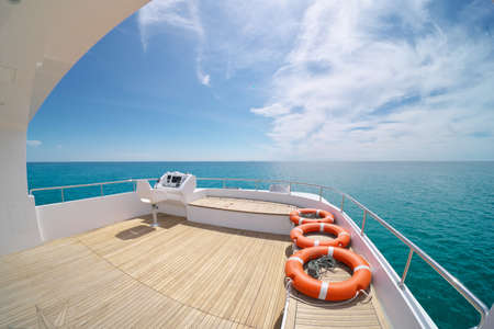 Ocean calm water view from yacht flybridge open deck, modern and luxury equipped with navigation...