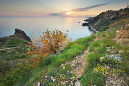 Footpath in mountains above the sea at sunset. scenic landscapeの写真素材