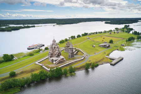 Aerial view of the famous Kizhi Pogost. Kizhi island, Lake Onega. Old church construction.の写真素材