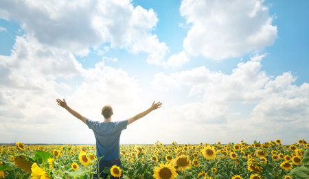 Man in meadow of sunflower strive hand to the sky. people and nature scene.の写真素材