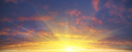 Summer panorama of sky background during sunset. Nature composition.の写真素材
