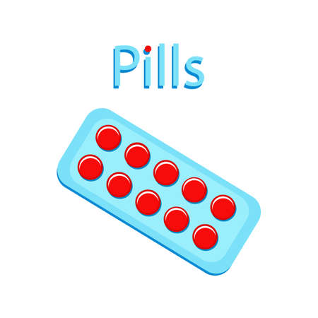 Red Tablets in blister pack isolated on a white background. Round Pills with typography. Medical Pharmacyのイラスト素材