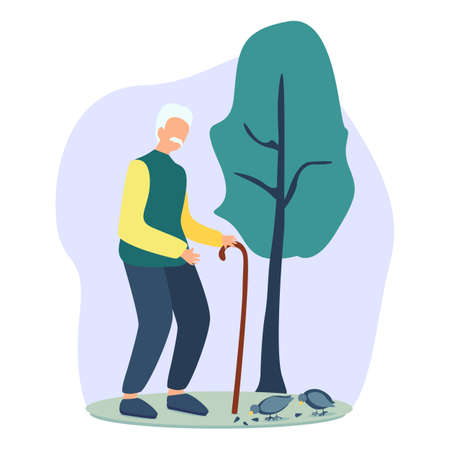 Senior Man Feeding Birds, Old Gentleman Daily Activity in a Park Concept. Grandfather with a stick.のイラスト素材
