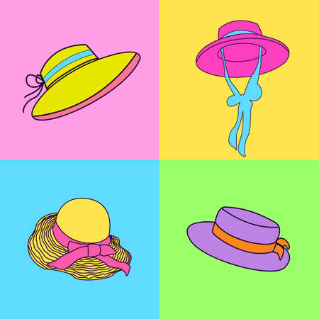 Pop Art Style. Woman's Variety of Beach Hats Supply. Flat Icons Colorful Set collection design. Accessories vector symbol stock web illustration.のイラスト素材