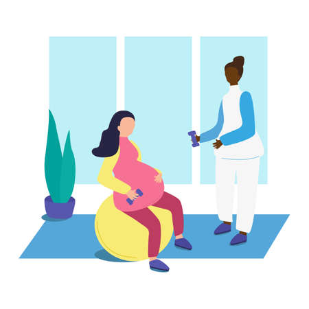 Pregnant Fitness Couple Exercising in the Gym or Yoga Class. Vector illustration in Cartoon style. Professional Doula Guide.のイラスト素材