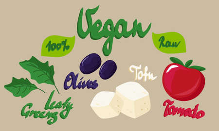 100 Vegan Raw food. Tomato, Olives, Leafy greens. Organic Fresh Product. World Health day, Vegan day. Handwritten inscription. Calligraphy. Stock Vector, Vegan sign. logo for banner, label packagingのイラスト素材