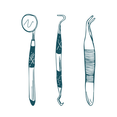 Set for Dentistry Inspection on a Doodle hand draw style. Professional Dental Oral Care Stainless Steel Tools.のイラスト素材