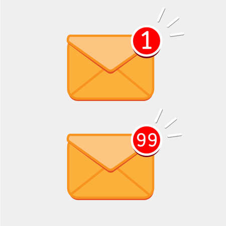 Yellow envelope with incoming mail notification with red marker One Message and Ninety-nine Message . Delivery of messages, sms. Vector icon illustration in a flat.のイラスト素材