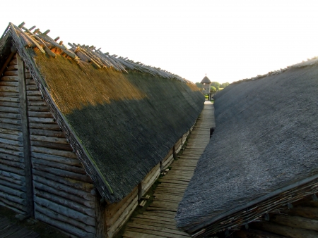 wooden buildings and thatched roofs, old settlement, part of the archaeological museum in Poland Biskupinのeditorial素材