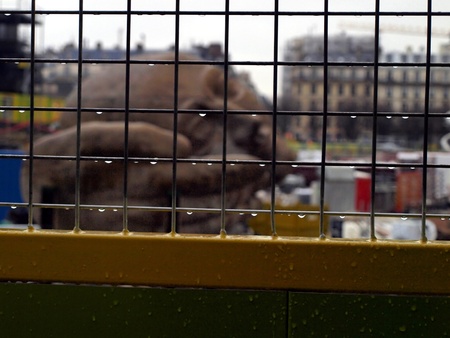 monument to the ear and hearing in Paris near the Church of St. Eustache, during the renovation, in rainy weatherの写真素材