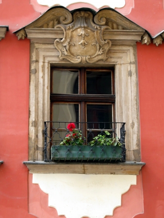 ornate windows and ornaments on the outer walls of the old city of Wroclaw, Polandの写真素材