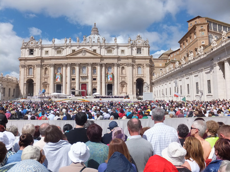 ROME, VATICAN - April 28, 2014  polish pilgrims listen to the mass during the canonization John Paul II and John XXII  on 28 April 2014のeditorial素材