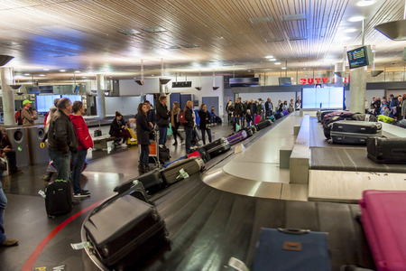 OSLO GARDERMOEN, NORWAY - NOVEMBER 2:Interior of Oslo Gardermoen International Airport on november 2, 2014 in Oslo. Waiting to retrieve baggageのeditorial素材