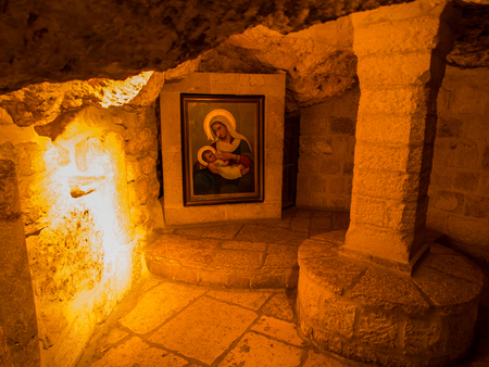 BETHLEHEM, ISRAEL - JULY 12, 2015: Milk Grotto in Bethlehem, Israel. Milk Grotto is a place where they took refuge Holy Family. There is a legend that the food while breast-feeding Jesus with Mary fell on the rock, making it whiteのeditorial素材