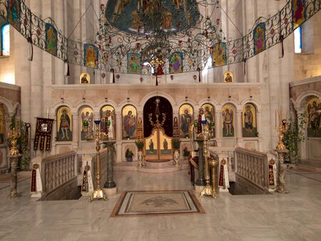 Sychar, Israel, July 11, 2015.: The interior of the church in Sychar in Samaria with the image of...