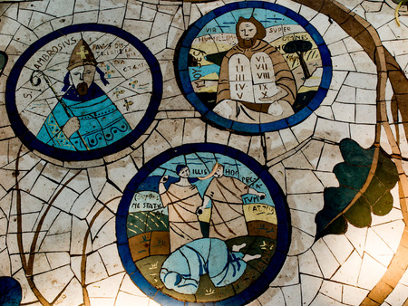 Mount of Beatitudes. Israel. July 9, 2015: Mosaic in the Catholic chapel on Mount of Beatitudes near Tabgha at the Sea of Galilee, Israelのeditorial素材