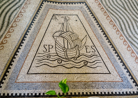 Mount of Beatitudes. Israel. July 9, 2015: Mosaic in the Catholic chapel on Mount of Beatitudes near Tabgha at the Sea of Galilee, Israelのeditorial素材