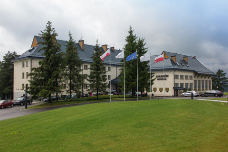 Arlamow, Poland -July 18, 2016: Hotel Arlamow  with plaque commemorating the internment in this place, in 1982, Lech Walesa president SOLIDARITY, and Nobel Peace Prize laureate and President Polishのeditorial素材