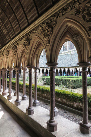 Mont Saint Michel, France - September 8, 2016: Cloister garden in Mont Saint Michel abbey in Franceのeditorial素材