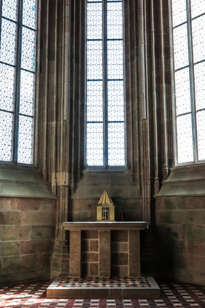 Mont Saint Michel, France - September 8, 2016, Benedictine Abbey of Mont Saint-Michel in Normandy, France. A modest stone altarのeditorial素材