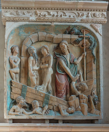 Mont Saint Michel, France - September 8, 2016, Benedictine Abbey of Mont Saint-Michel in Normandy, France. Old bas-relief on the wall.のeditorial素材