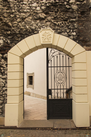 Pauline Church on the Skalka in Krakow, Poland, The entrance gate to the monasteryの写真素材