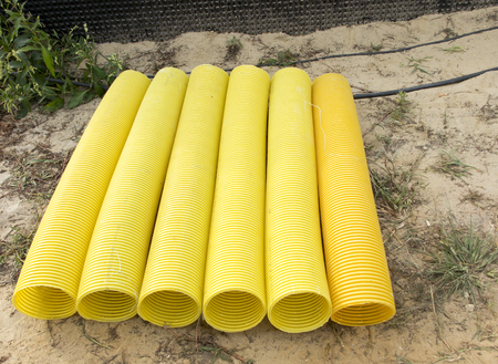 Pipes with cutouts prepared for the construction of a ground heat exchangerの写真素材