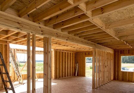 Building a house in skeleton technology, stage before installing thermal insulationの写真素材