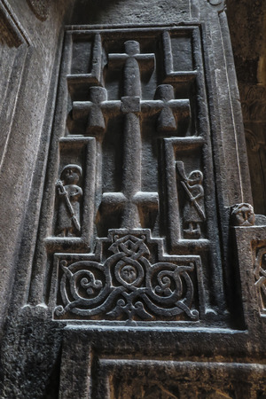 Geghard, Armenia - September 16, 2017: Interior of the Geghard monastery in Armenia with crosses visible in many placesのeditorial素材