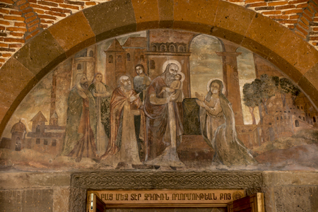 Fresco of the Birth of Christ in the temple of the Martyr Gayane in Echmiadzin, Armeniaのeditorial素材