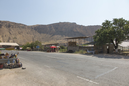 Areni, Armenia, September 18, 2017: Sales of fruit, juice and wine along roads in the area of the oldest wine cellar in the village of Areni, Armeniaのeditorial素材