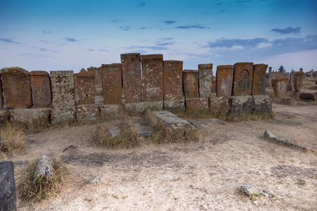 Noratus, Armenia, 18 September 2017: Historical cemetery of Noratus in Armenia, near the Lake Sevan, with ancient tombstones known as Khachkars.のeditorial素材