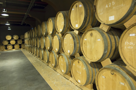 YEREVAN, ARMENIA, 21 SEPTEMBER 2017: Wooden barrels of aged wine at the Brandy Factory of Noy (Ararat) of Yerevan Armenia.のeditorial素材