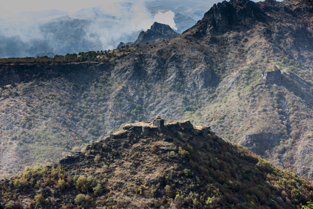 The view of ruined fortress on top of the mountain in Armenia