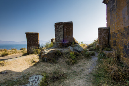 Khachkars, stone crosses in Sevanavank, a monastery complex located on the northwest coast of Lake Sevan in the province of Armenia Gegharkunik, near the city of Sevan in Armeniaの写真素材