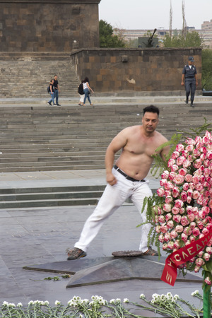 Yerevan, Armenia, 21 September 2017: Mother Armenia Statue or Mayr hayastan. Monument located in Victory Park, Yerevan city, Armenia. Police intervention at tomfoolery at the monument.のeditorial素材