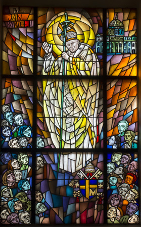 CheÅm, Poland, 10 September 2018: Stained glass window with the image of Saint Pope John Paul II in the window of the church, the shrine of Our Lady in CheÅm in eastern Polandのeditorial素材