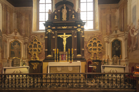 Holy Cross, Poland, September 7, 2018: Former Benedictine monastery and now the Missionary Oblates of Mary at the Holy Cross, Lysa Gora. Interior of the chapel of the Holy Cross, Polandのeditorial素材